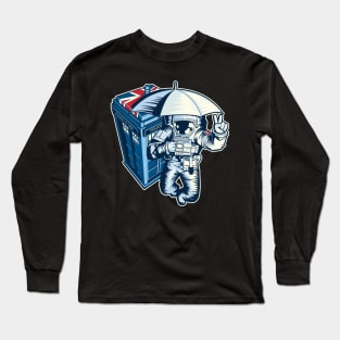 British astronaut holding an umbrella in space near a police box Long Sleeve T-Shirt